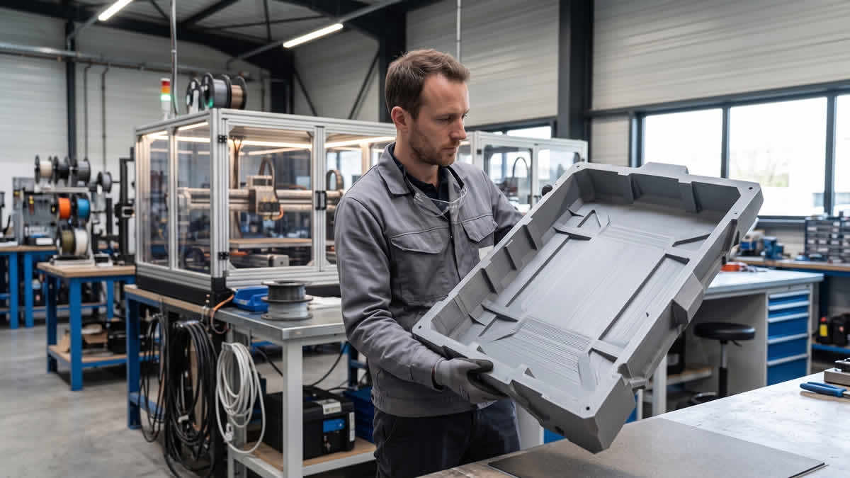 Capot industriel grand format imprimé en 3D FDM en ASA inspecté en atelier