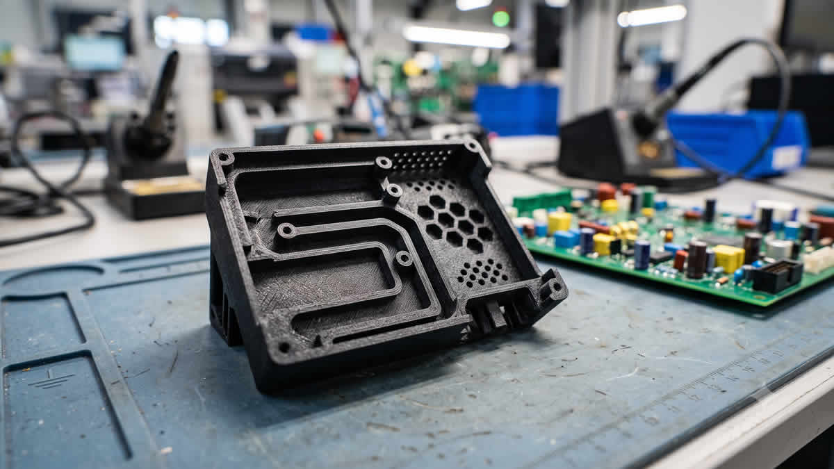 Pièce FDM ESD en ABS-ESD7 sur plan de travail antistatique d'une ligne d'assemblage électronique.